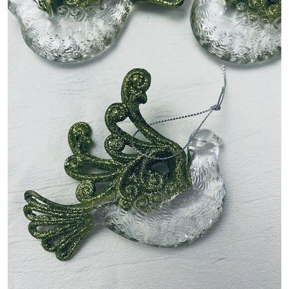 Clear Acrylic Green Glitter Tail Wings Doves Ornaments Sun Catchers Set of 3 - Picture 4 of 7